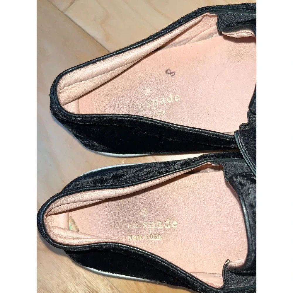 Kate Spade Velvet Bow Sneakers Womens 8 Black Slip On Flat Luxury Designer Luxe